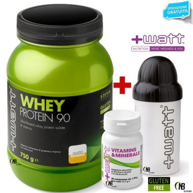 +Watt Whey 90 750 gr. Proteine Siero Isolate + Vitamins Minerals 30 cpr Vitamine + SHAKER in vendita su Nutribay.it