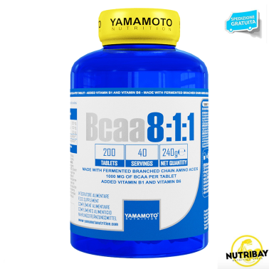 Bcaa 8:1:1 di YAMAMOTO NUTRITION con Vitamine B1 e B6 - 200 cpr - 40 dosi AMINOACIDI BCAA 8.1.1