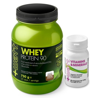 +Watt Whey Protein 90 750 gr. Proteine Siero Isolate + Vitamins Minerals 30 cpr Vitamine in vendita su Nutribay.it