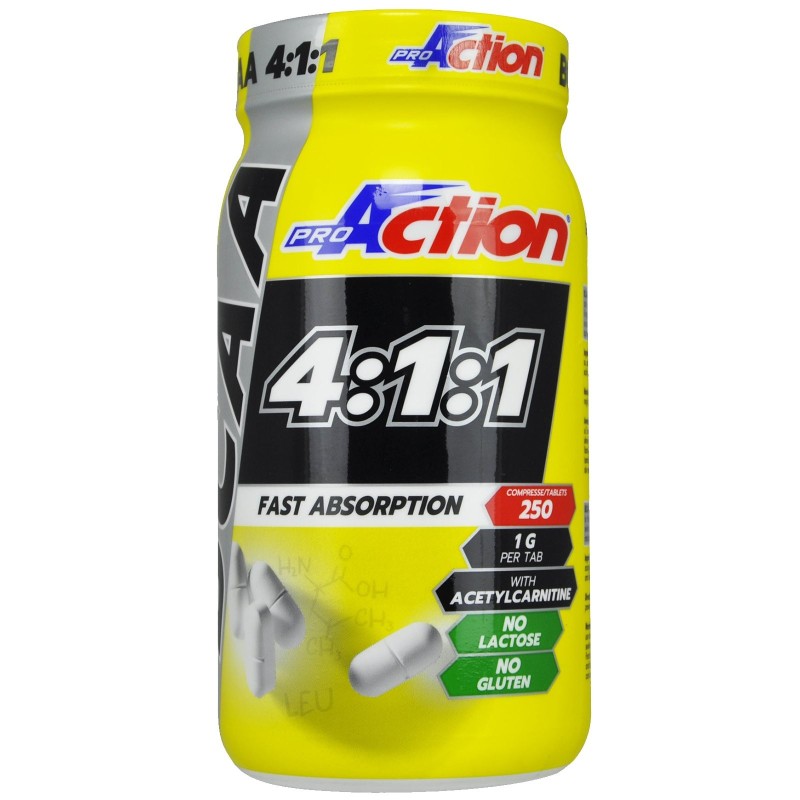 PROACTION BCAA 4:1:1 250 cpr Aminoacidi Ramificati 411 con carnitina AMINOACIDI 3.1.2 - 4.1.1 - 10.1.1 - 12.1.1