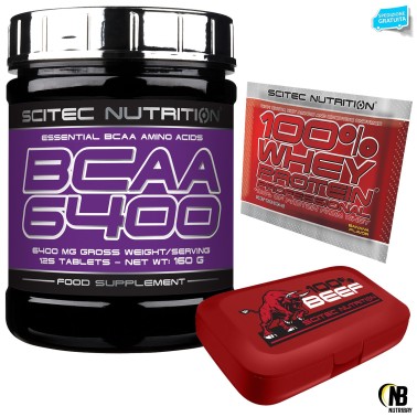 Scitec Nutrition BCAA 6400 Aminoacidi Ramificati 125cpr.+PORTAPILLOLE+WHEY 100% AMINOACIDI BCAA