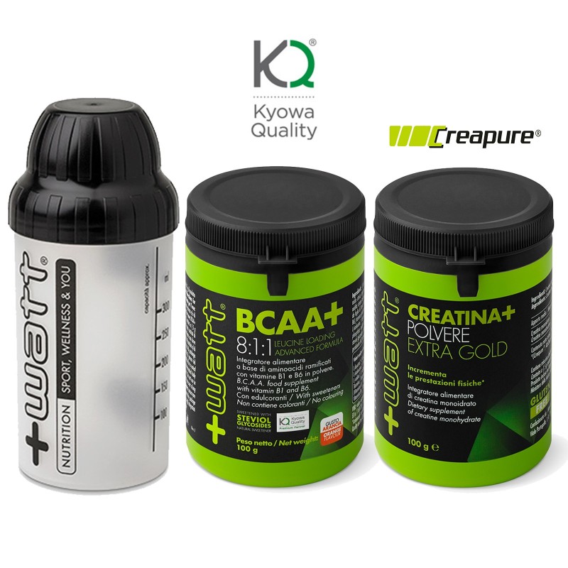 +WATT BCAA+ Aminoacidi Ramificati 8:1:1 KYOWA 811 100g + CREATINA GOLD E SHAKER PROMO PACK!