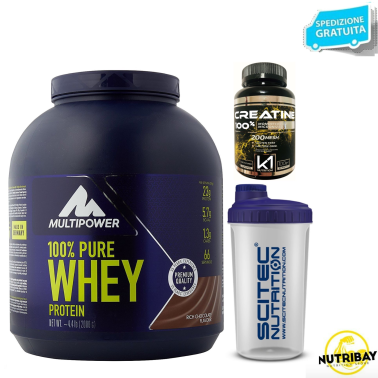 MULTIPOWER 100% Pure Whey Protein 2 kg Proteine + 100% Creatine 100gr K1 e SHAKER PROTEINE