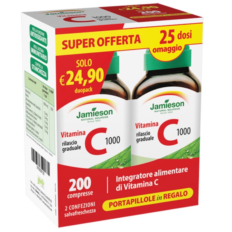 Jamieson Vitamina C1000 timed release, 200 cpr Duo Pack + portapillole Omaggio VITAMINE